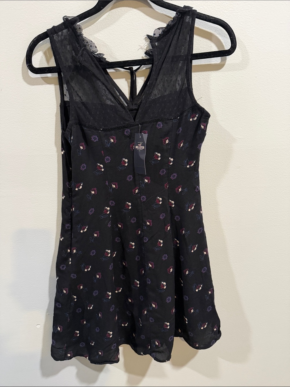 Hollister Black Floral Lace-Trim Mini Dress NWT